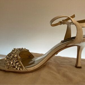 Badgley Mischka Ivory Crystal-Pearl Embellished Ankle-Strap Wedding Heels